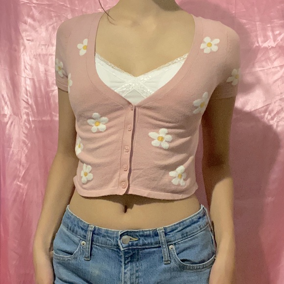 Y2K Pink Daisy Button Up Crop Top - Picture 1 of 3